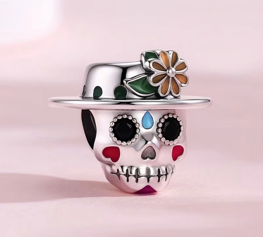 925 Silver Plated Floral Sugar Skull Charm
