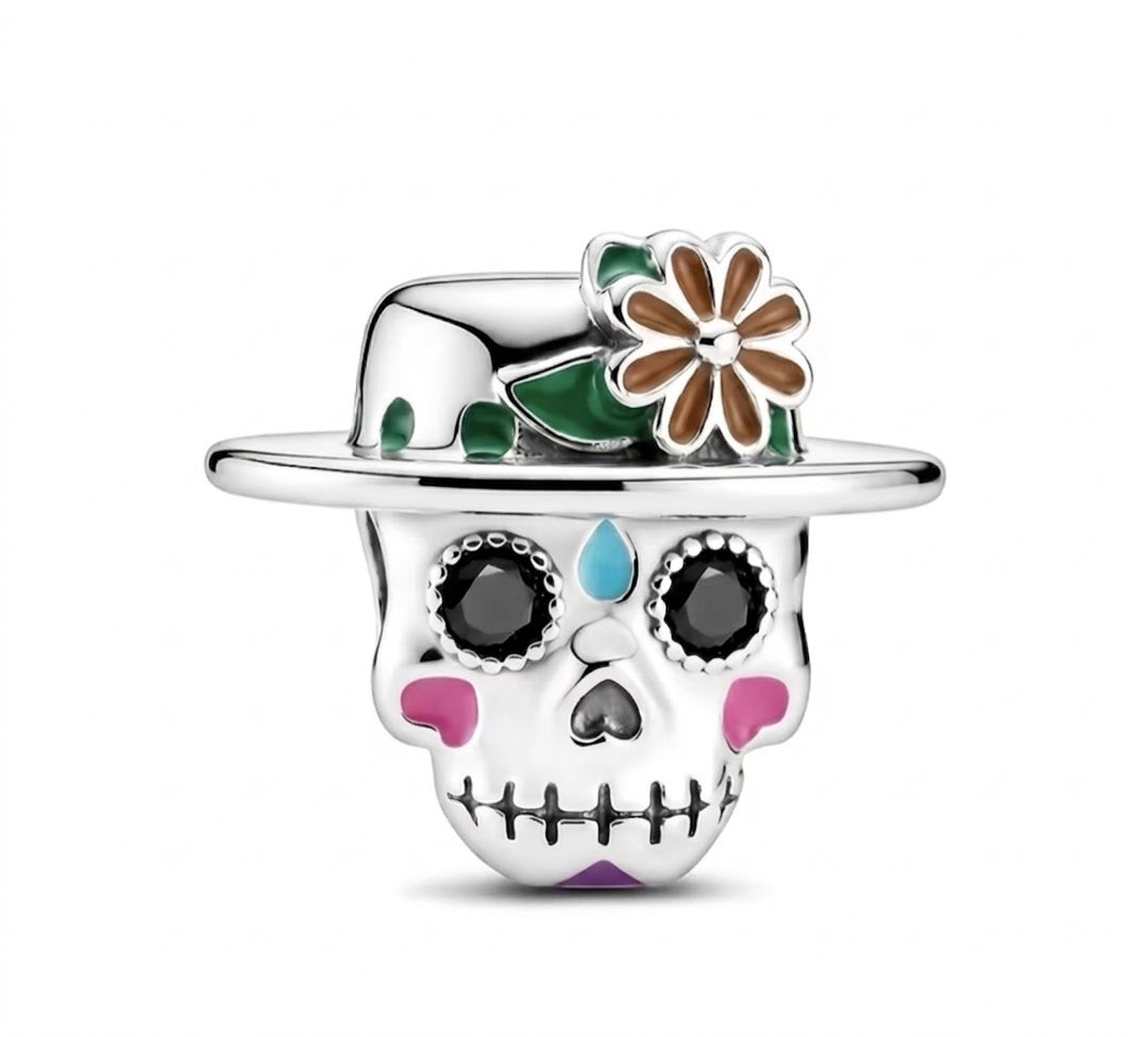 925 Silver Plated Floral Sugar Skull Charm
