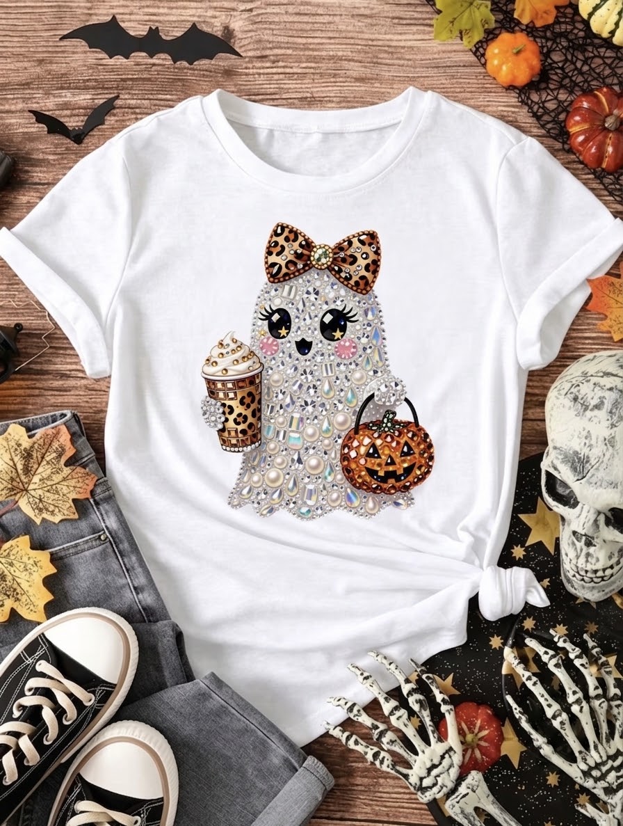 Spooky Cute Leopard Ghost & Coffee Tee