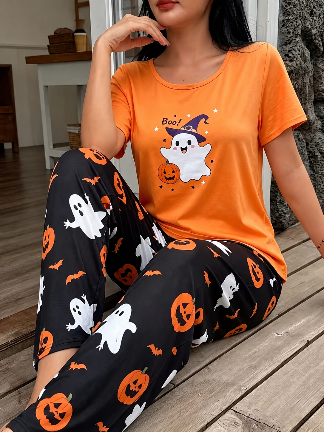 Spooky Cozy Women's Halloween Ghost & Pumpkin Loungewear Set