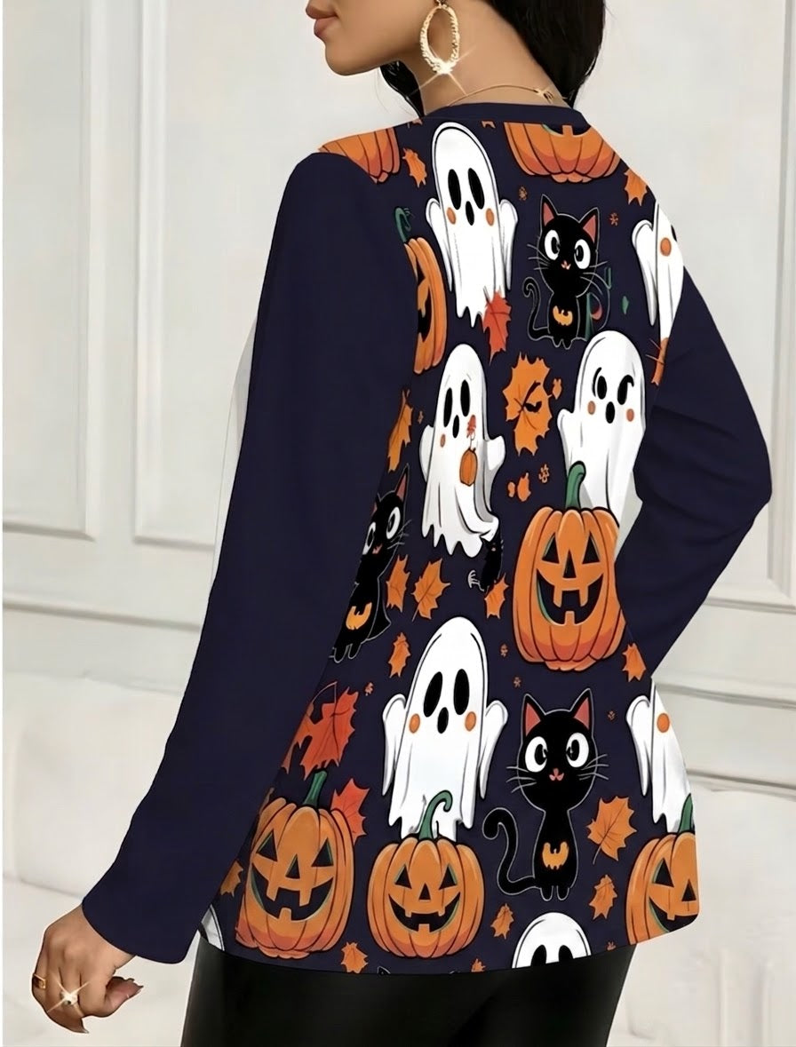 Halloween Pumpkin & Black Cat Print Cardigan Jacket