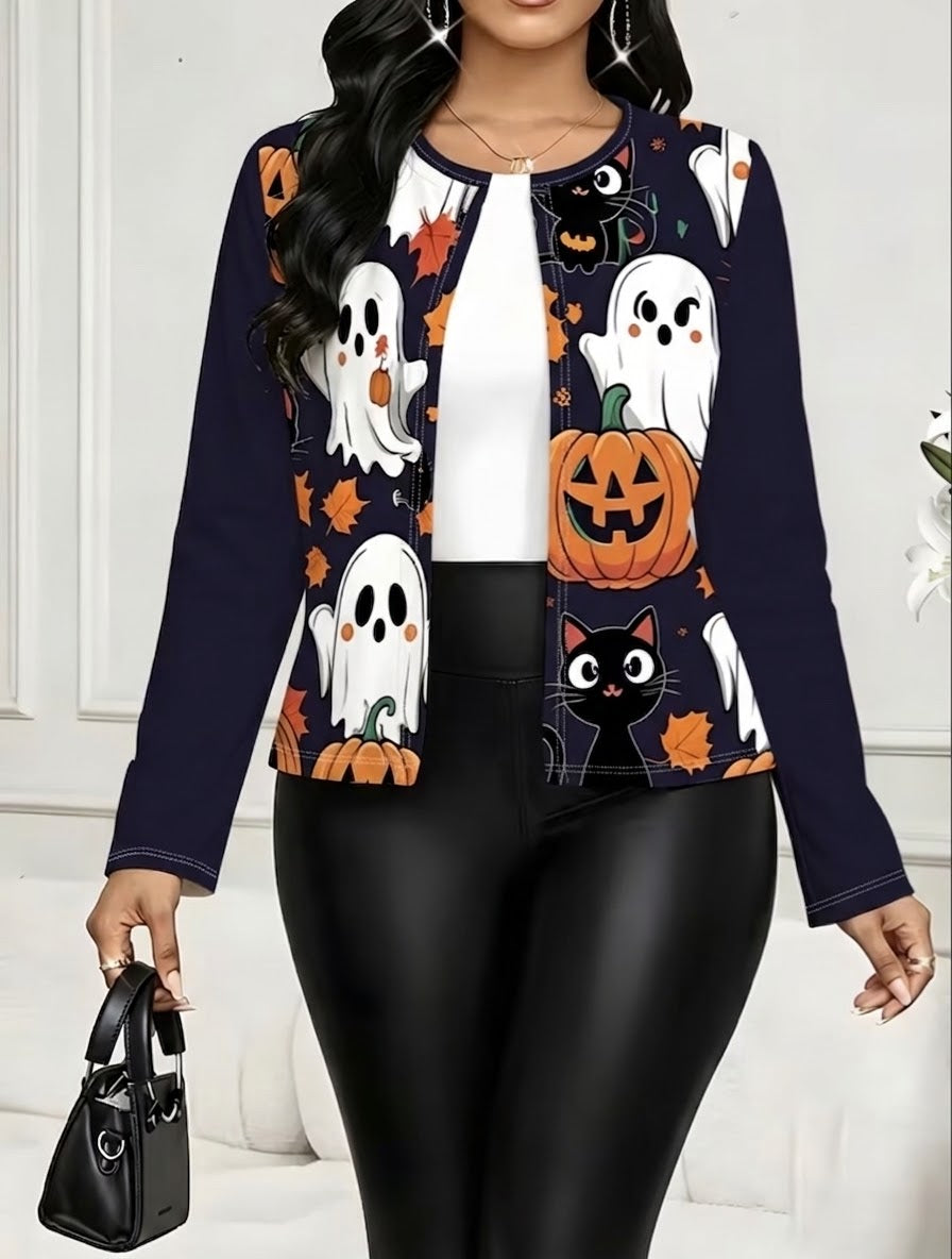 Halloween Pumpkin & Black Cat Print Cardigan Jacket