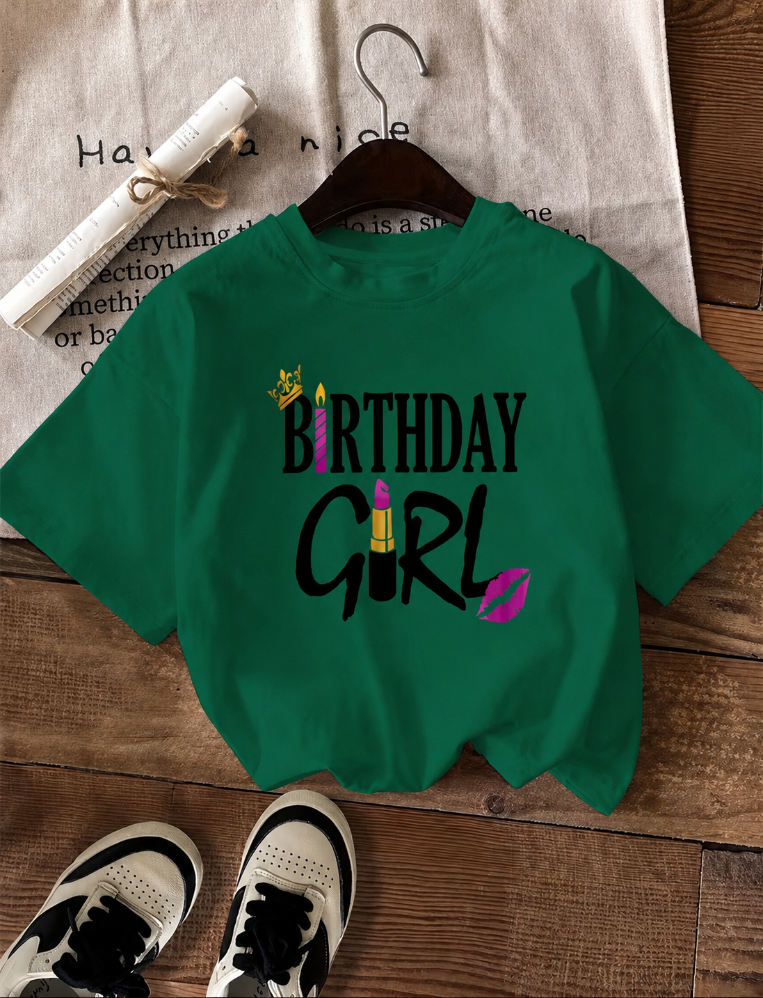 Women's "Birthday Girl" Crown & Lipstick Graphic Crewneck Short Sleeve T-Shirt