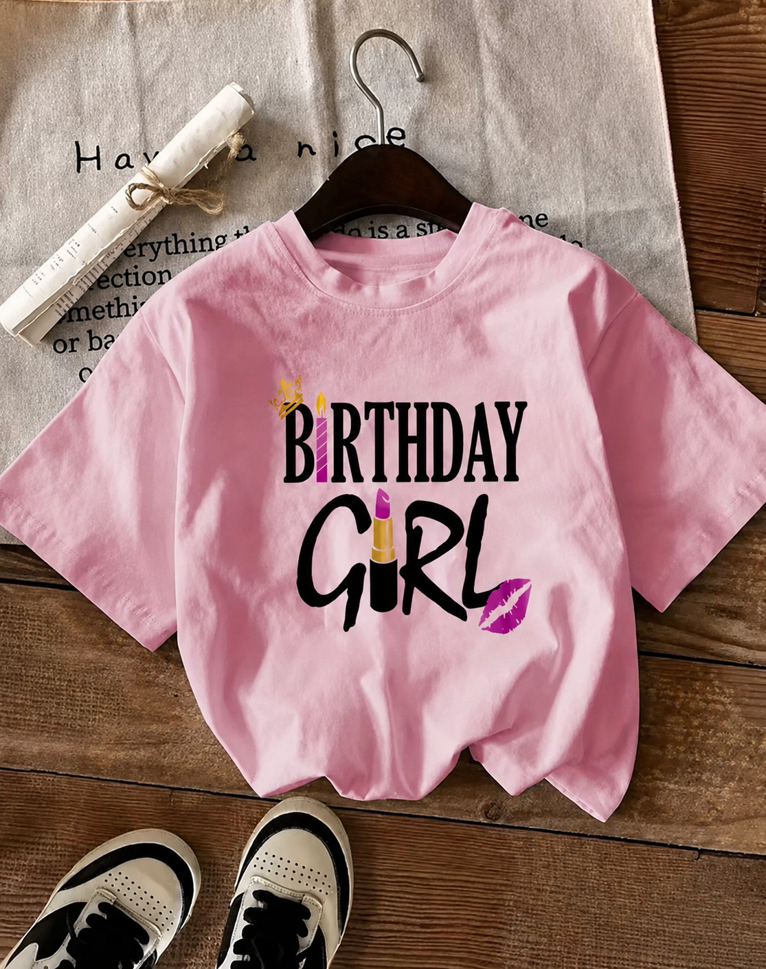Women's "Birthday Girl" Crown & Lipstick Graphic Crewneck Short Sleeve T-Shirt