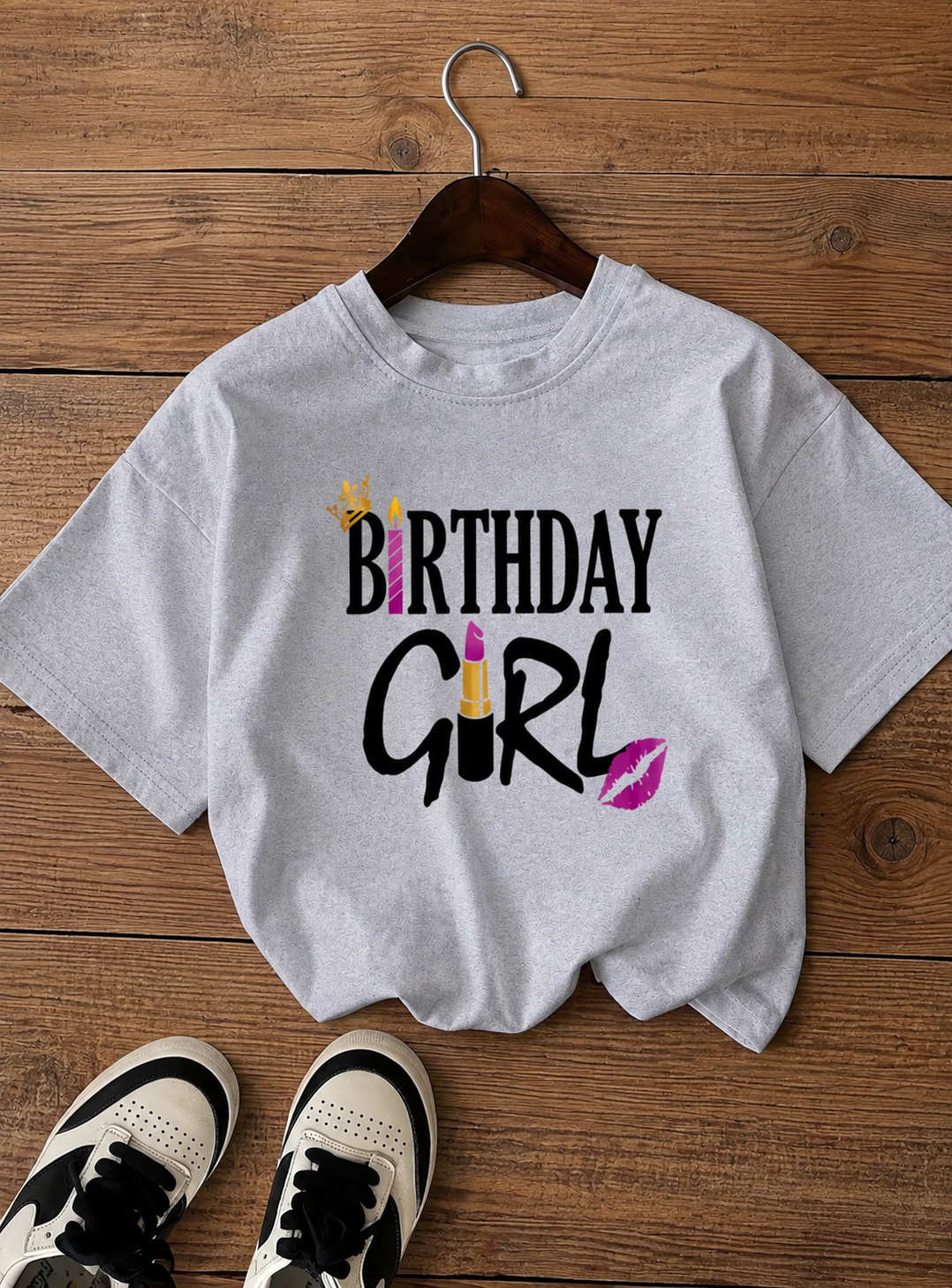 Women's "Birthday Girl" Crown & Lipstick Graphic Crewneck Short Sleeve T-Shirt