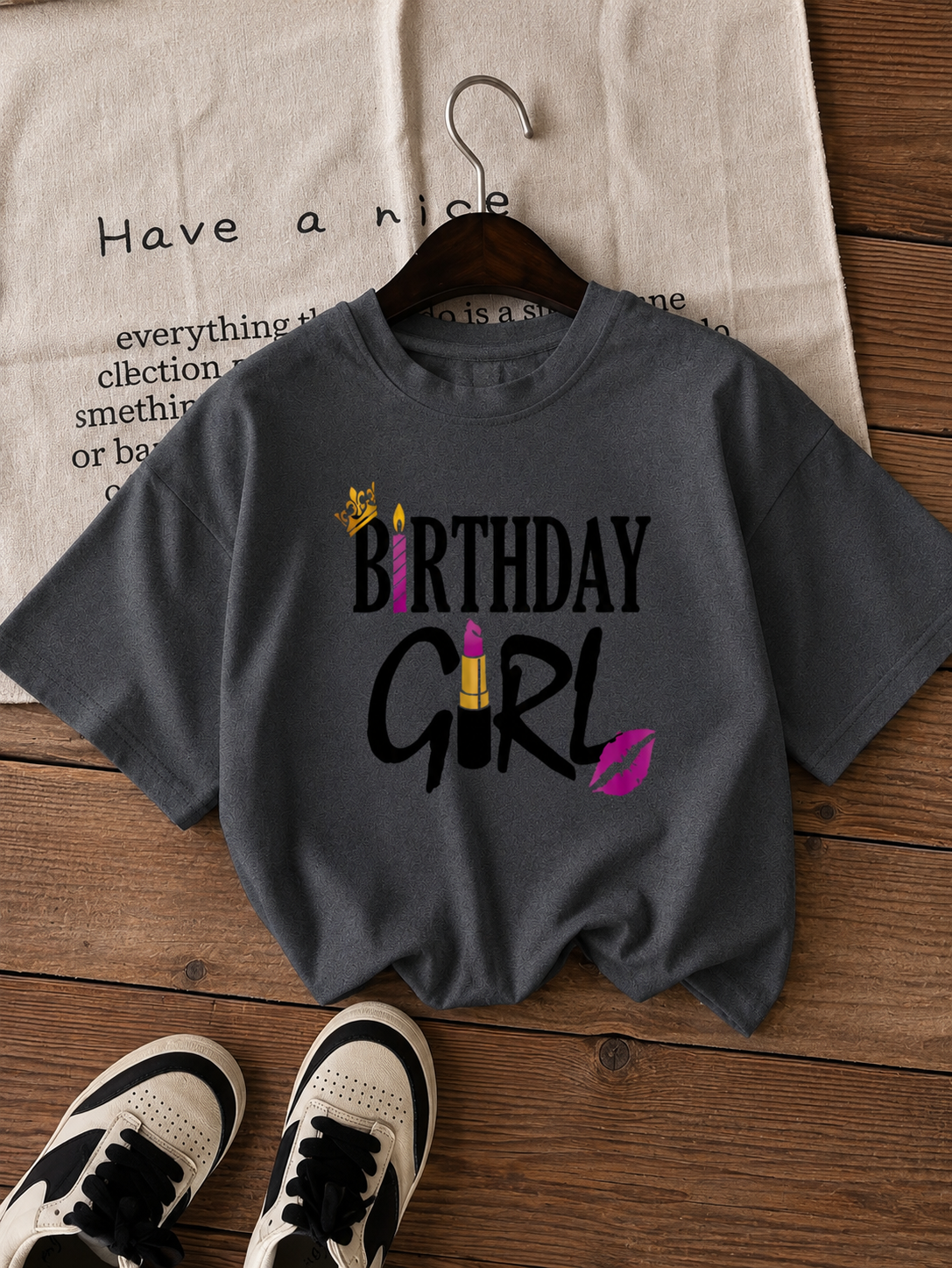 Women's "Birthday Girl" Crown & Lipstick Graphic Crewneck Short Sleeve T-Shirt