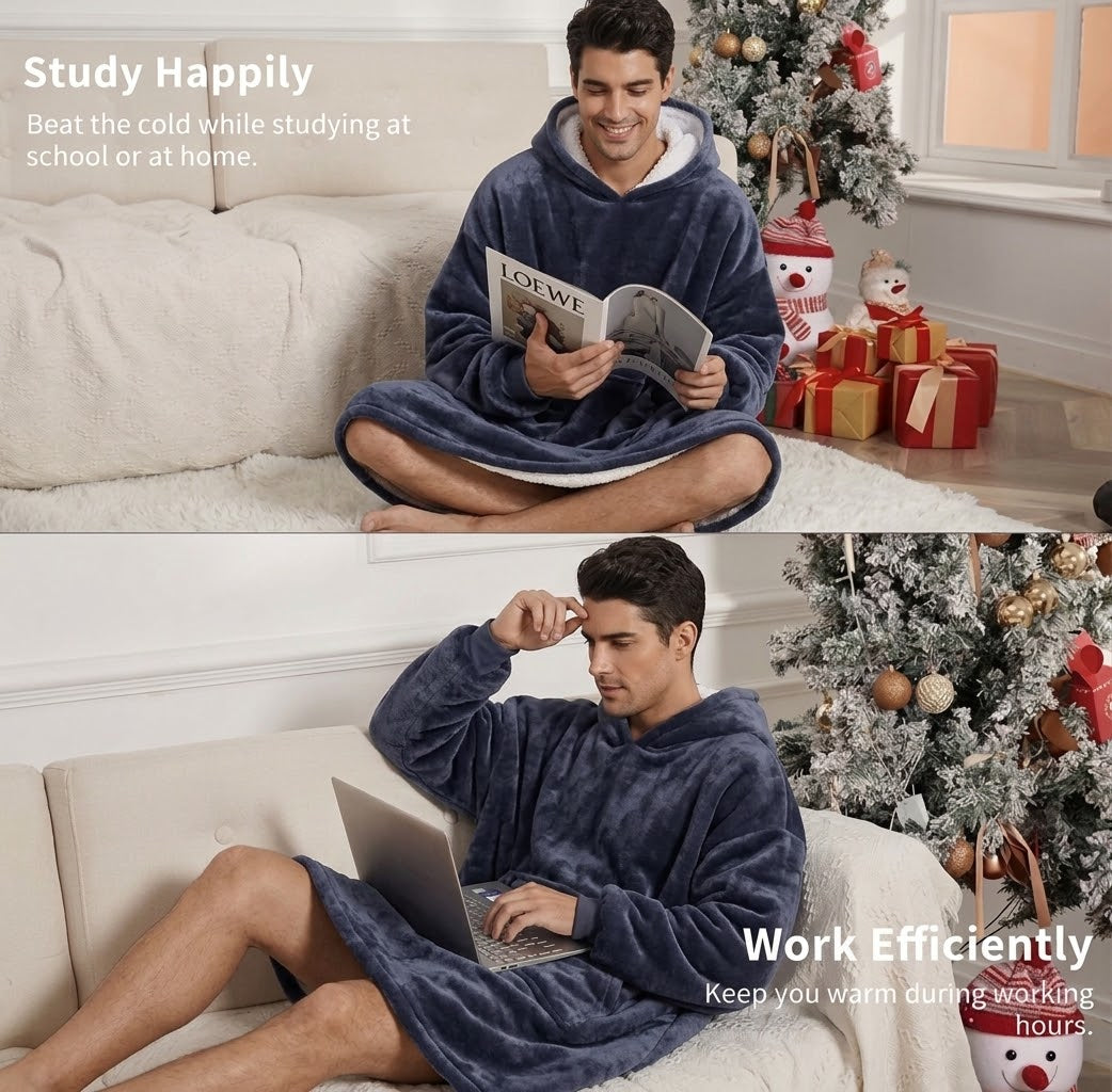 Ultra-Soft Oversized Reversible Wearable Blanket Hoodie with Front Pocket – Includes Cozy Winter Socks