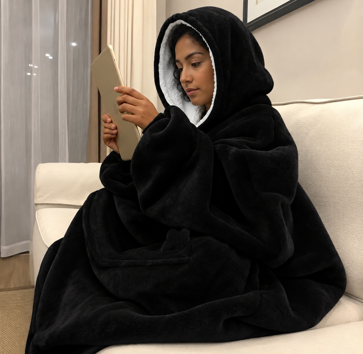 Ultra-Soft Oversized Reversible Wearable Blanket Hoodie with Front Pocket – Includes Cozy Winter Socks