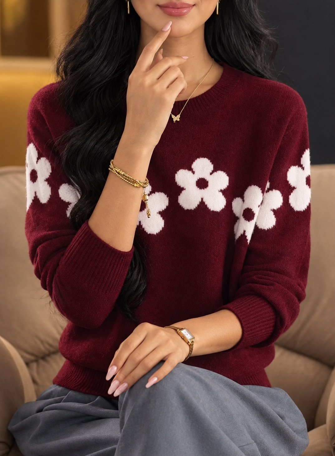 Women’s Cashmere-Feel Knit Sweater – Elegant, Loose-Fit Long Sleeve