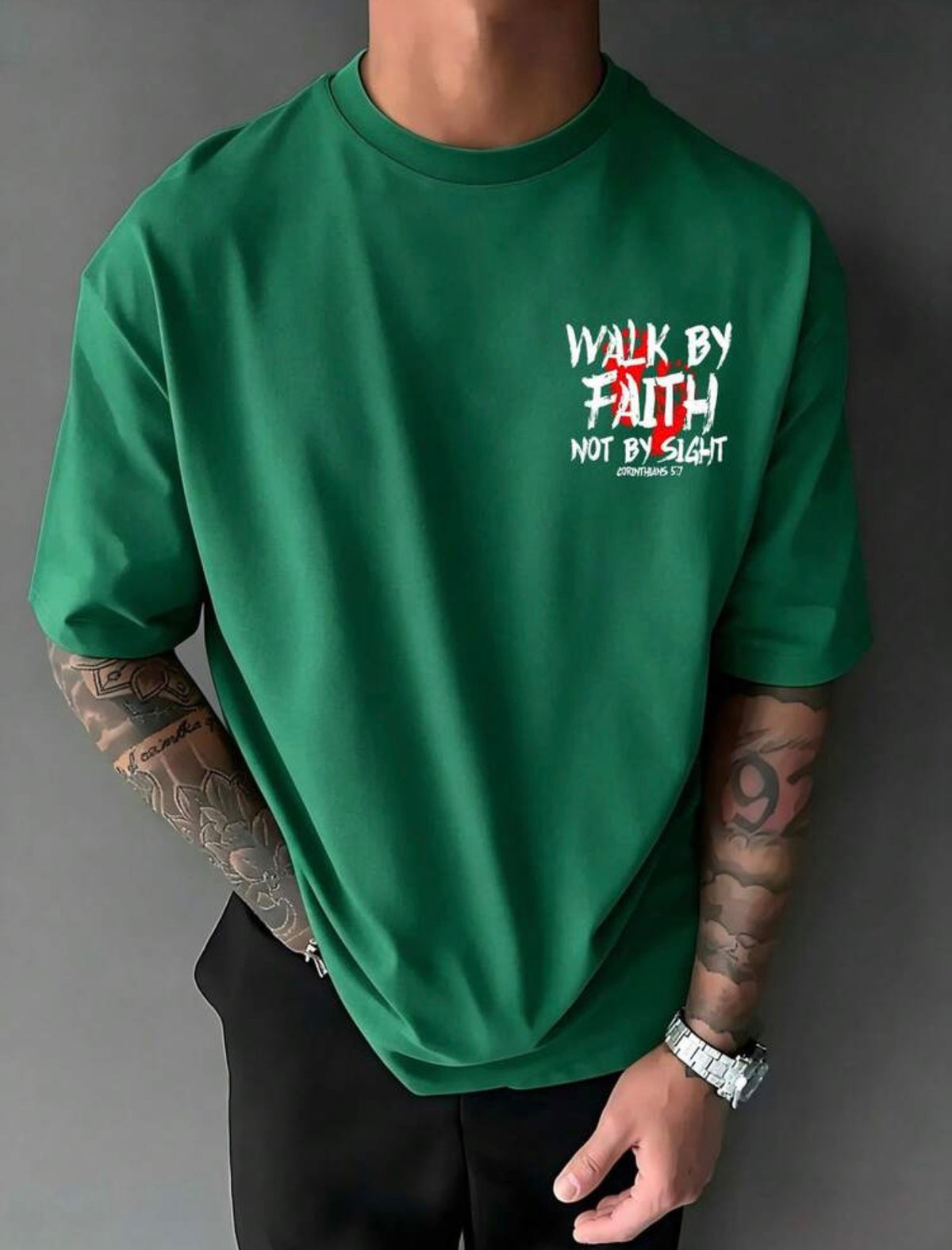 Men’s Faith Graphic T-Shirt – “Walk by Faith, Not by Sight” Bible Verse Tee, Front and Back Print, Short Sleeve Cotton Religious Streetwear