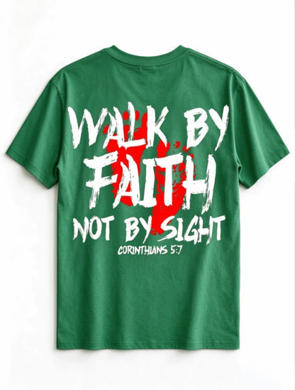 Men’s Faith Graphic T-Shirt – “Walk by Faith, Not by Sight” Bible Verse Tee, Front and Back Print, Short Sleeve Cotton Religious Streetwear
