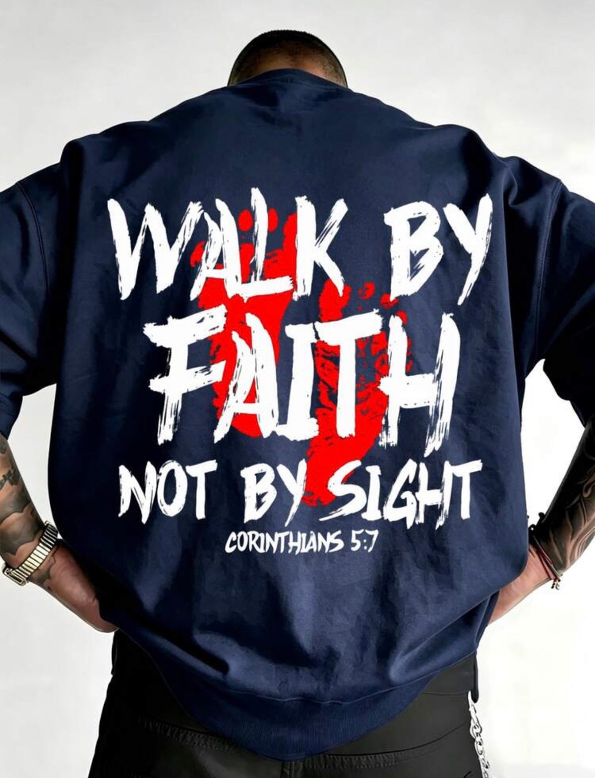 Men’s Faith Graphic T-Shirt – “Walk by Faith, Not by Sight” Bible Verse Tee, Front and Back Print, Short Sleeve Cotton Religious Streetwear