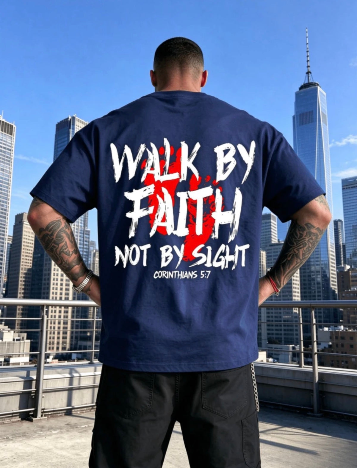 Men’s Faith Graphic T-Shirt – “Walk by Faith, Not by Sight” Bible Verse Tee, Front and Back Print, Short Sleeve Cotton Religious Streetwear