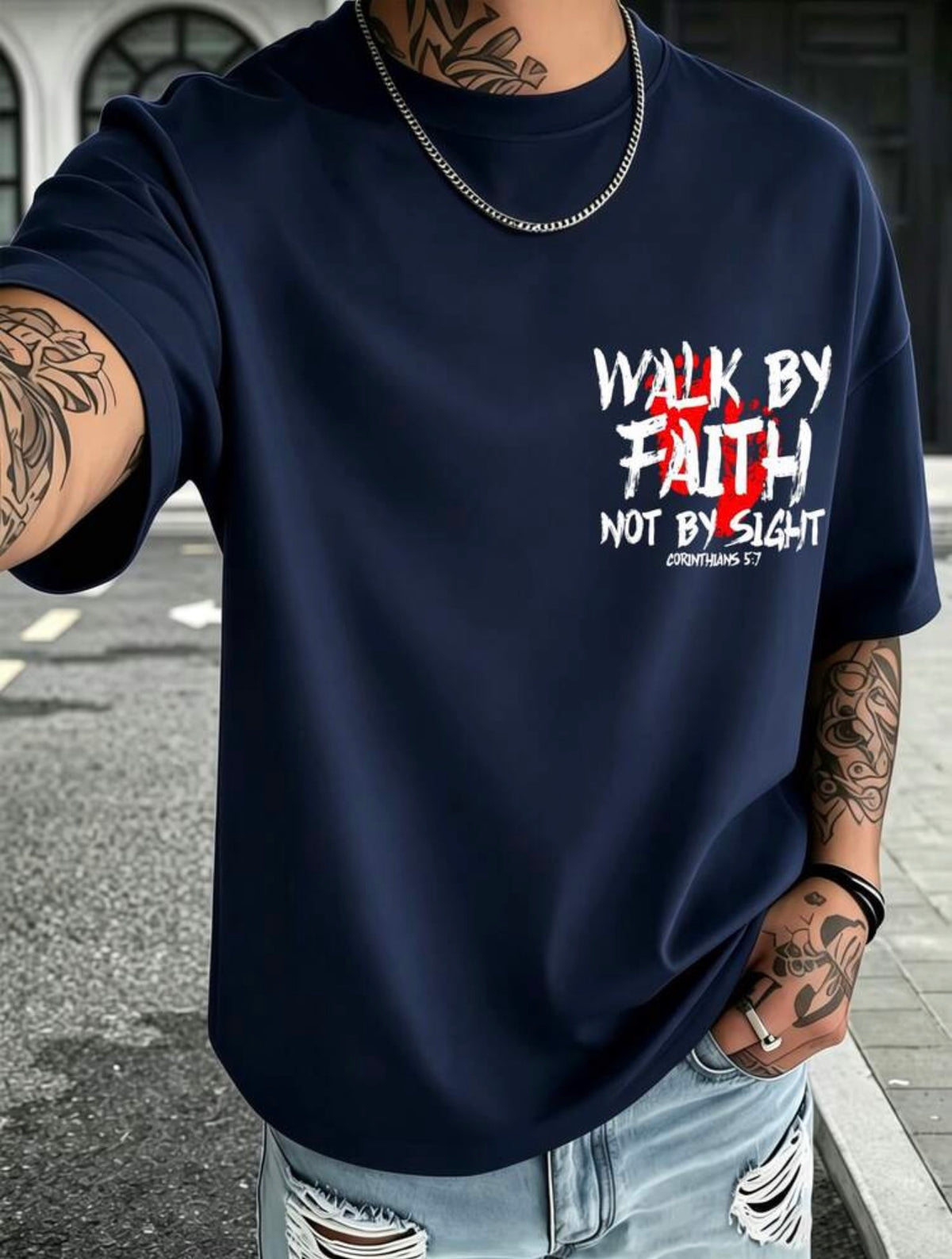 Men’s Faith Graphic T-Shirt – “Walk by Faith, Not by Sight” Bible Verse Tee, Front and Back Print, Short Sleeve Cotton Religious Streetwear