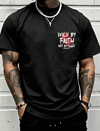 Men’s Faith Graphic T-Shirt – “Walk by Faith, Not by Sight” Bible Verse Tee, Front and Back Print, Short Sleeve Cotton Religious Streetwear