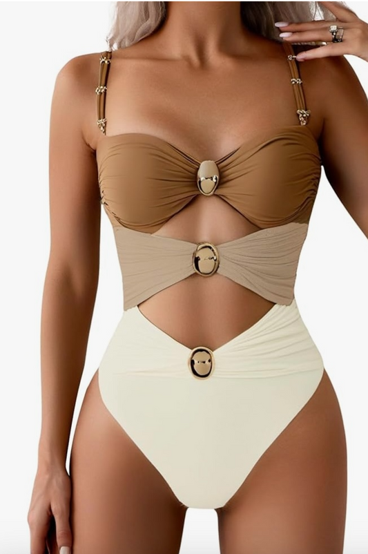 Women's Cut Out Colorblock One Piece Swimsuit Ruched Swimwear Bathing Suit