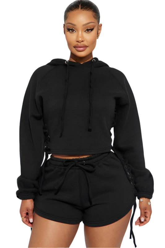 Fleece Hoodie Top- Black